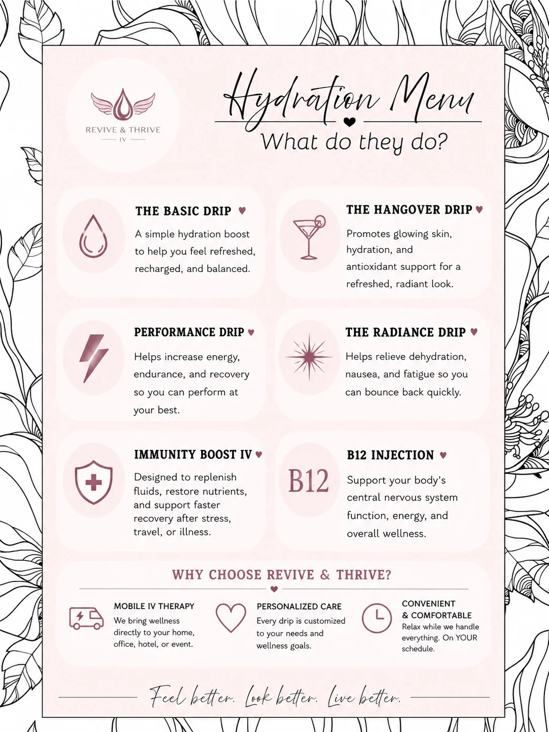 Revive and Thrive IV hydration menu explaining what each drip and injection supports