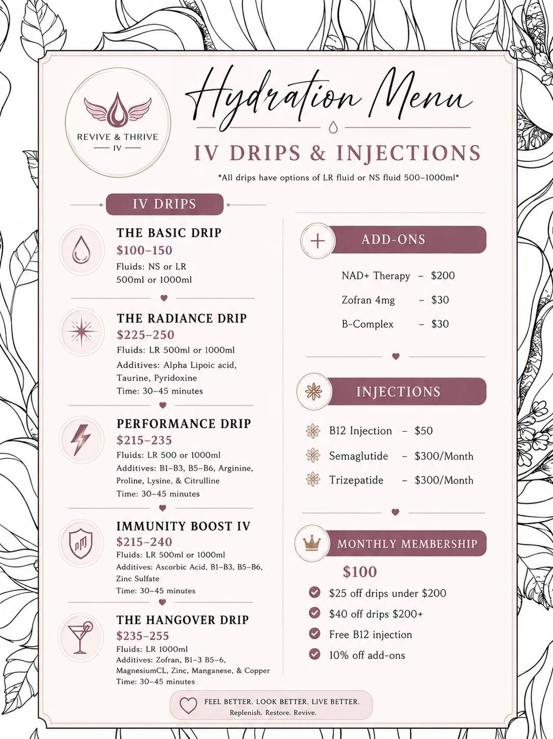 Revive and Thrive IV hydration menu with IV drips, injections, add-ons, and membership pricing