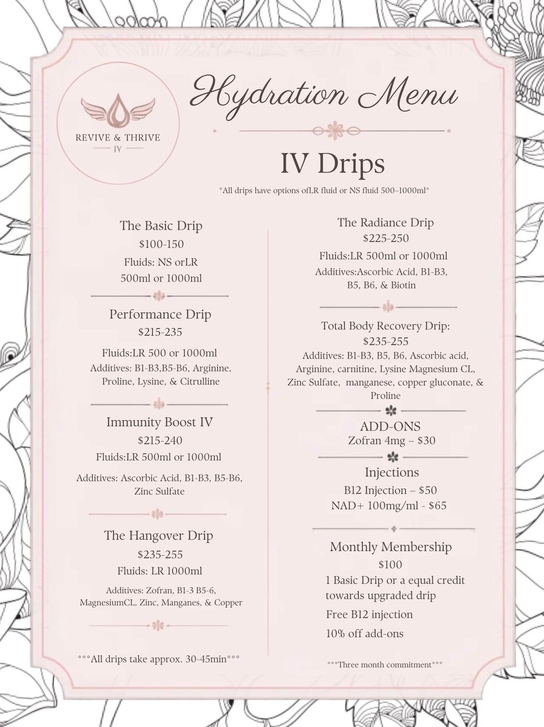 Revive and Thrive IV hydration menu with IV drip pricing, injections, add-ons, and monthly membership
