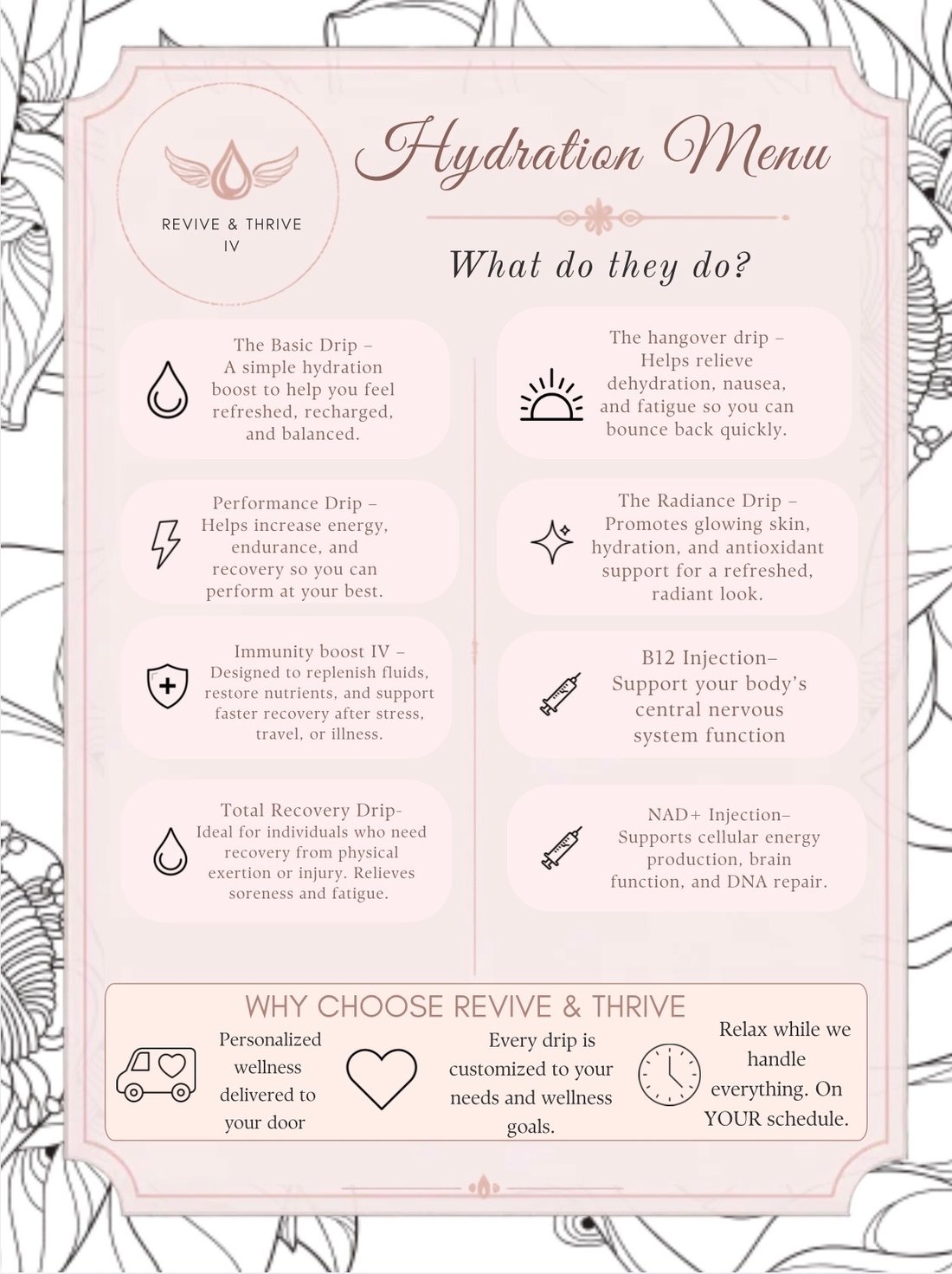 Revive and Thrive IV hydration menu explaining what each drip and injection supports